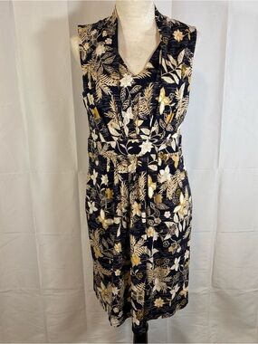 Sleeveless Black Floral V-Neck Dress with Gold Accents